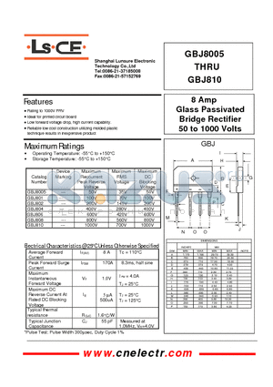 GBJ8005 datasheet - 8Amp glass passivated bridge rectifier 50to1000 volts