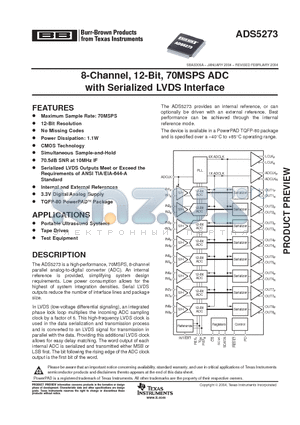 ADS5273 datasheet - 8-Channel, 12-Bit, 70MSPS ADC with Serialized LVDS Interface
