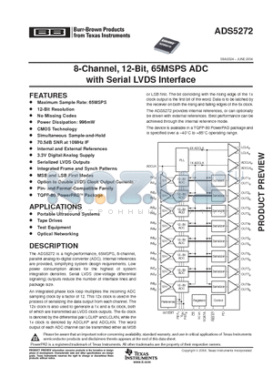 ADS5272 datasheet - 8-Channel, 12-Bit, 65MSPS ADC with Serial LVDS Interface