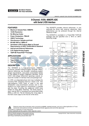 ADS5275IPFPT datasheet - 8-Channel, 10-Bit, 40MSPS ADC with Serial LVDS Interface