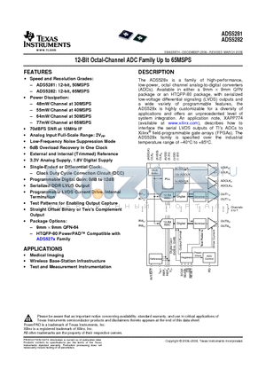 ADS5281IRGCTG4 datasheet - 12-Bit Octal-Channel ADC Family Up to 65MSPS
