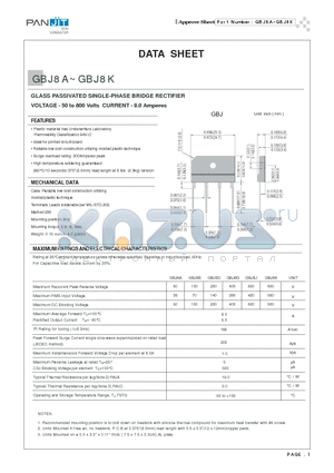 GBJ8A datasheet - GLASS PASSIVATED SINGLE-PHASE BRIDGE RECTIFIER(VOLTAGE - 50 to 800 Volts CURRENT - 8.0 Amperes)