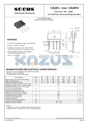 GBJ8A datasheet - -8 .0 AMP Glass Passivated Bridge Rectifiers