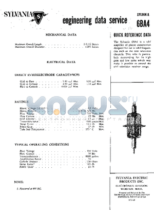 6BA4 datasheet - U.H.F. AMPLIFIER