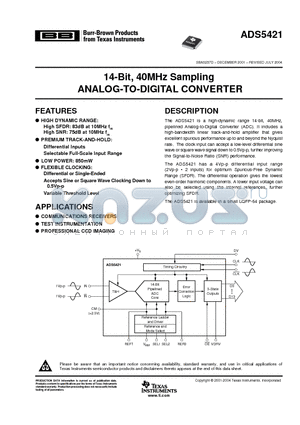 ADS5421Y/T datasheet - 14-Bit, 40MHz Sampling ANALOG-TO-DIGITAL CONVERTER