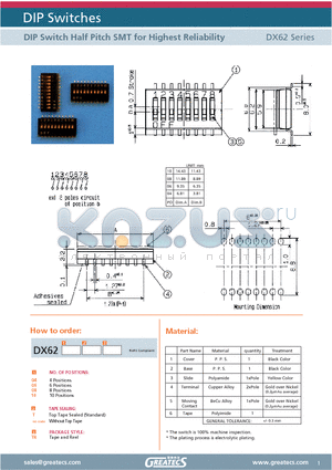 DX62 datasheet - DIP Switch Half Pitch SMT for Highest Reliability