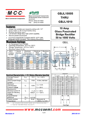 GBJL1004 datasheet - 10 Amp Glass Passivated Bridge Rectifier 50 to 1000 Volts