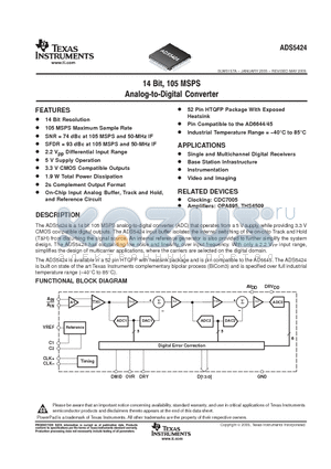 ADS5424 datasheet - 14 BIT, 105 MSPS ANALOG TO DIGITAL CONVERTER