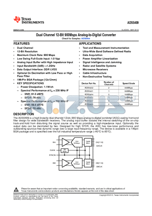 ADS5402 datasheet - Dual Channel 12-Bit 900Msps Analog-to-Digital Converter