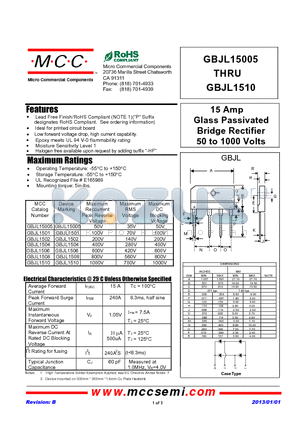GBJL15005 datasheet - 15 Amp Glass Passivated Bridge Rectifier 50 to 1000 Volts