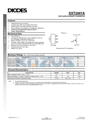 DXT2907A-13 datasheet - PNP SURFACE MOUNT TRANSISTOR