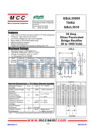 GBJL3502 datasheet - 35 Amp Glass Passivated Bridge Rectifier 50 to 1000 Volts