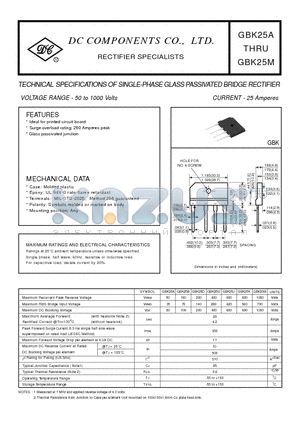 GBK25D datasheet - TECHNICAL SPECIFICATIONS OF SINGLE-PHASE GLASS PASSIVATED BRIDGE RECTIFIER