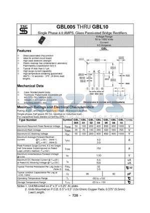 GBL005 datasheet - Single Phase 4.0 AMPS. Glass Passivated Bridge Rectifiers