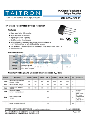 GBL005 datasheet - 4A Glass Passivated Bridge Rectifier