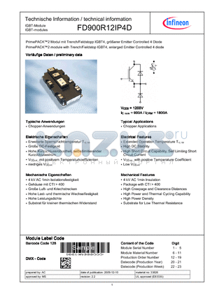 FD900R12IP4D datasheet - PrimePACK2 Modul mit Trench/Feldstopp IGBT4, groberer Emitter Controlled 4 Diode