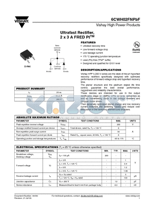 6CWH02FNTRRPBF datasheet - Ultrafast Rectifier, 2 x 3 A FRED PtTM