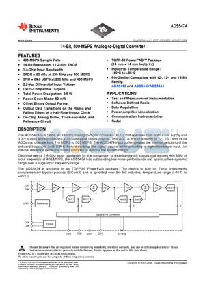 ADS5474IPFPR datasheet - 14-Bit, 400-MSPS Analog-to-Digital Converter