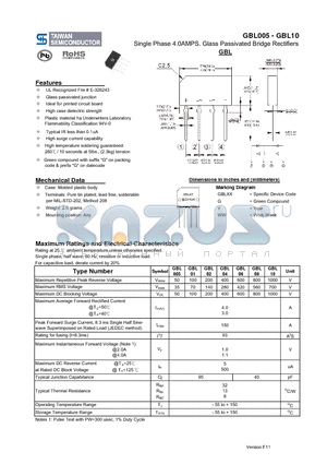 GBL02 datasheet - Single Phase 4.0AMPS. Glass Passivated Bridge Rectifiers