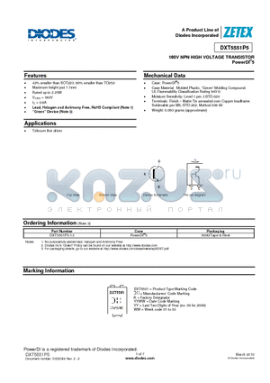 DXT5551P5-13 datasheet - 160V NPN HIGH VOLTAGE TRANSISTOR PowerDI^5