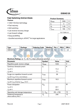 IDB04E120_07 datasheet - Fast Switching EmCon Diode