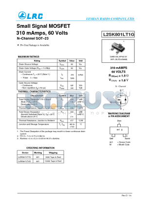 L2SK801LT1G datasheet - Small Signal MOSFET 310 mAmps, 60 Volts NChannel SOT23