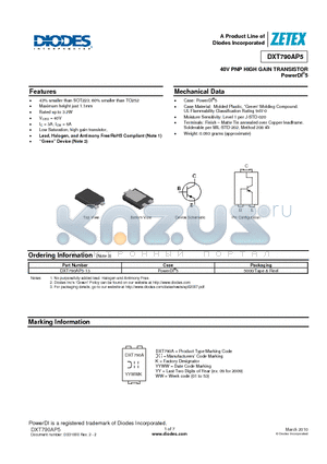 DXT790AP5-13 datasheet - 40V PNP HIGH GAIN TRANSISTOR PowerDI^5