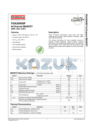 FDA20N50F_12 datasheet - N-Channel MOSFET 500V, 22A, 0.26Y