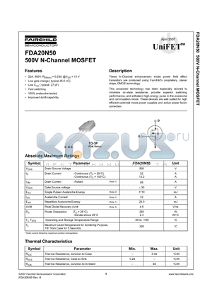 FDA20N50_07 datasheet - 500V N-Channel MOSFET