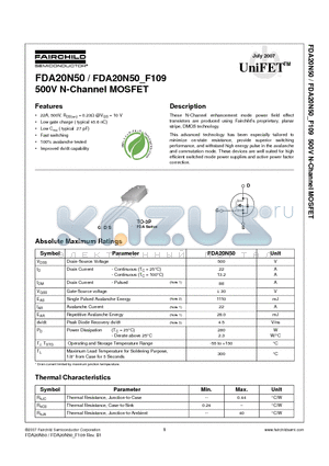 FDA20N50_0707 datasheet - 500V N-Channel MOSFET