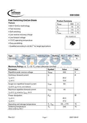 IDB15E60_07 datasheet - Fast Switching EmCon Diode