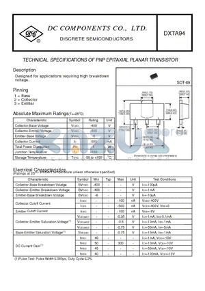 DXTA94 datasheet - TECHNICAL SPECIFICATIONS OF PNP EPITAXIAL PLANAR TRANSISTOR