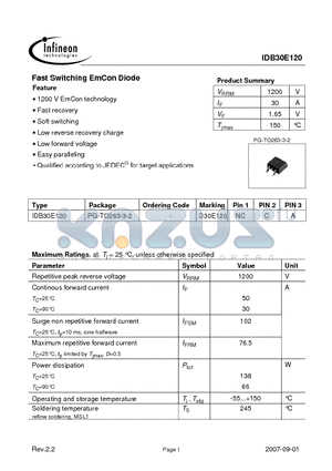 IDB30E120 datasheet - Fast Switching EmCon Diode