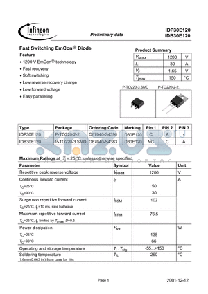 IDB30E120 datasheet - Fast Switching EmCon Diode