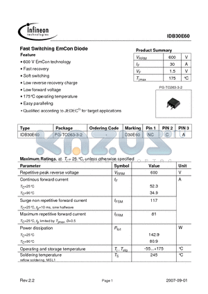 IDB30E60 datasheet - Fast Switching EmCon Diode