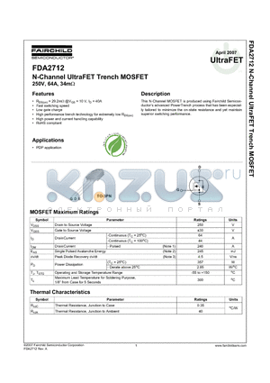 FDA2712 datasheet - N-Channel UltraFET Trench MOSFET 250V, 64A, 34mY