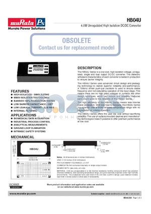 HB04U05S05Q datasheet - 4.0W Unregulated High Isolation DC/DC Converter