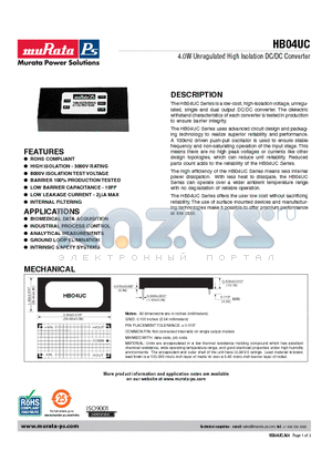 HB04U05S05QC datasheet - 4.0W Unregulated High Isolation DC/DC Converter