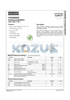 FDA28N50F datasheet - N-Channel MOSFET 500V, 28A, 0.175Y