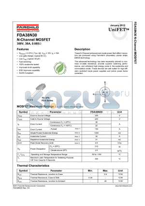 FDA38N30 datasheet - N-Channel MOSFET 300V, 38A, 0.085Y