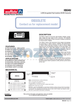 HB04U05S15Q datasheet - 4.0W Unregulated High Isolation DC/DC Converter