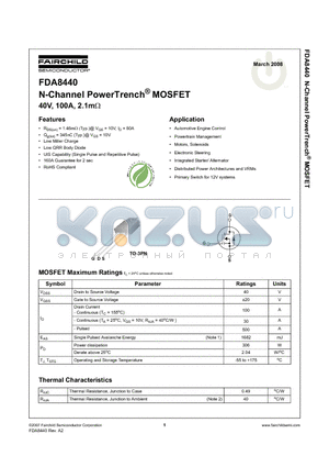 FDA8440 datasheet - N-Channel PowerTrench^ MOSFET