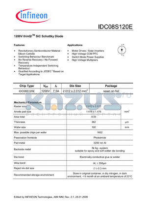 IDC08S120E datasheet - 1200V thinQ!TM SiC Schottky Diode