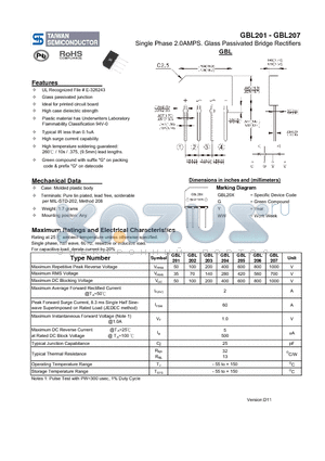 GBL201 datasheet - Single Phase 2.0AMPS. Glass Passivated Bridge Rectifiers