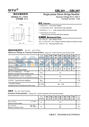GBL201 datasheet - Single-phase Silicon Bridge Rectifier Reverse Voltage 50 to 1000 V Forward Current 2.0A