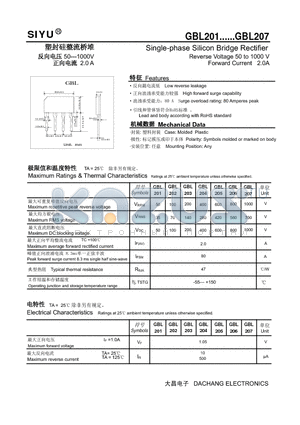 GBL202 datasheet - Single-phase Silicon Bridge Rectifier Reverse Voltage 50 to 1000 V Forward Current 2.0A