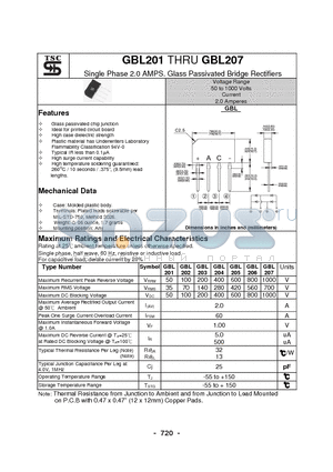 GBL203 datasheet - Single Phase 2.0 AMPS. Glass Passivated Bridge Rectifiers