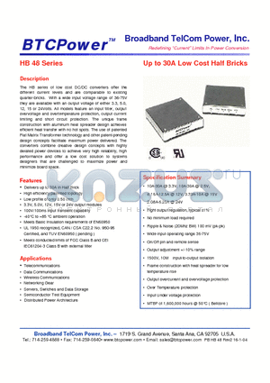 HB100-48-15N datasheet - Up to 30A Low Cost Half Bricks