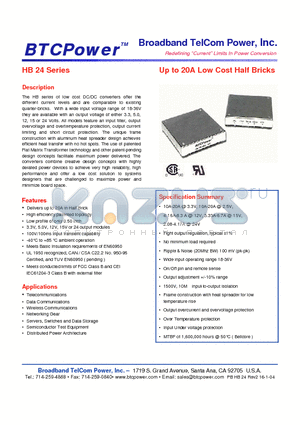 HB100-24-05N datasheet - Up to 20A Low Cost Half Bricks