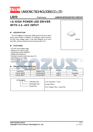 L3010L-S08-T datasheet - 1A HIGH POWER LED DRIVER WITH 4.5~40V INPUT